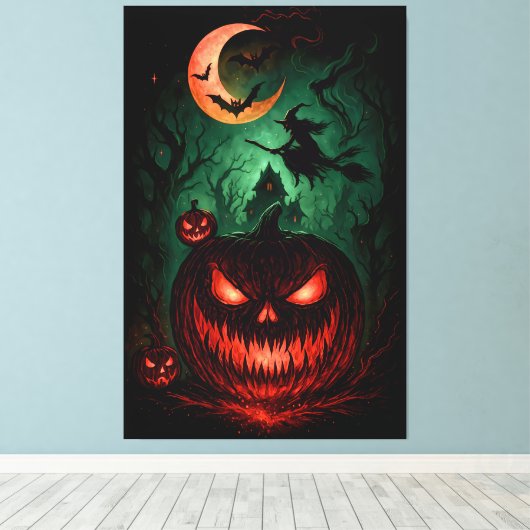 Evil Pumpkin Under Blood Moon | Witch Flying Hallo Canvas Afdruk (Insitu (Houten vloer))