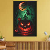 Evil Pumpkin Under Blood Moon | Witch Flying Hallo Canvas Afdruk (Insitu (Woonkamer))