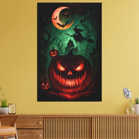 Evil Pumpkin Under Blood Moon | Witch Flying Hallo Canvas Afdruk (Insitu (Woonkamer))