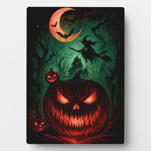 Evil Pumpkin Under Blood Moon | Witch Flying Hallo Fotoplaat (voorkant)