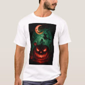 Evil Pumpkin Under Blood Moon | Witch Flying Hallo T-shirt (Voorkant)