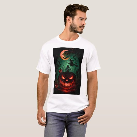 Evil Pumpkin Under Blood Moon | Witch Flying Hallo T-shirt (Voorkant volledig)