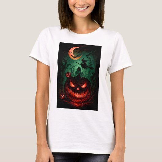Evil Pumpkin Under Blood Moon | Witch Flying Hallo T-shirt (Voorkant)