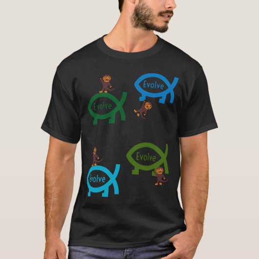 Evoluerende apen en vis ontwerp t-shirt (Voorkant)