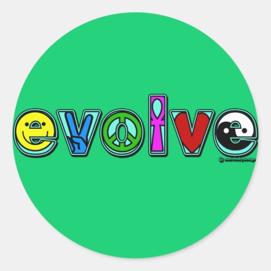 EVOLVE met zes symbolen voor vrede en vooruitgang Ronde Sticker (Voorkant)