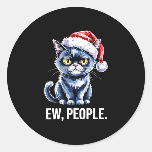 Ew People Black Cat Christmas Funny Introvert Holi Ronde Sticker (Voorkant)