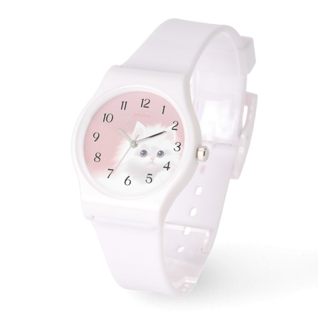 eWatch - Sweet White Fluffy Kat op Roze Horloge (Hoek)