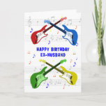 Ex Husband Guitars Birthday Card Kaart<br><div class="desc">Een mooie verjaardagskaart voor een ex-man. Elektrische gitaarkleurige kunst met een muziekschaal op de achtergrond. Je kunt niet te veel gitaren hebben. Een heel coole gitaarverjaardagskaart,  viert de energie en de pure lol van dit muziekinstrument. Een perfecte verjaardagskaart voor gitaristen en muziekliefhebbers.</div>