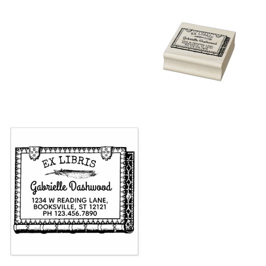 Ex Libris Boekplaat  Boek en Veer Naam Rubberstempel (Gestempeld)