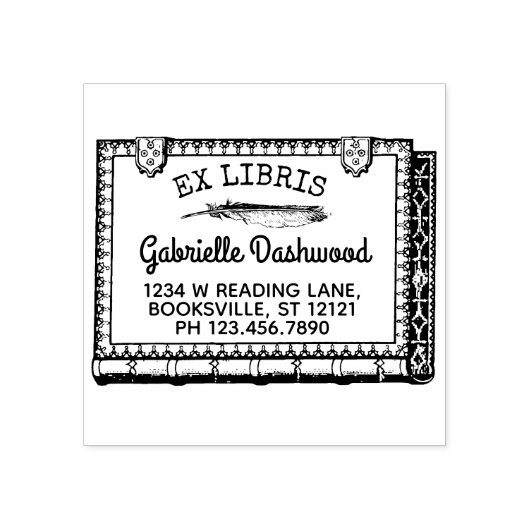 Ex Libris Boekplaat  Boek en Veer Naam Rubberstempel (Afrduk)