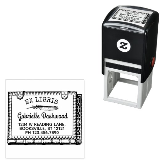 Ex Libris Boekplaat  Boek en Veer Naam Zelfinktende Stempel (In situ)