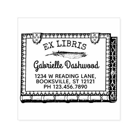 Ex Libris Boekplaat  Boek en Veer Naam Zelfinktende Stempel (Design)