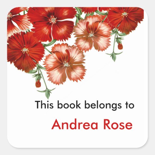 Ex Libris Boekplaat, rode anjer Vierkante Sticker (Voorkant)