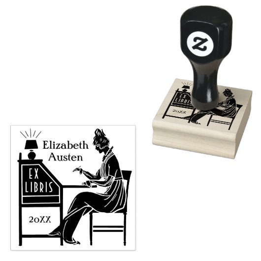 Ex Libris Bookplate Deco Lady Schrijven Bureau Cus Rubberstempel (Gestempeld)