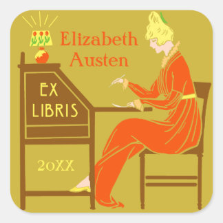 Ex Libris Bookplate Deco Lady Schrijven Bureau Cus Vierkante Sticker