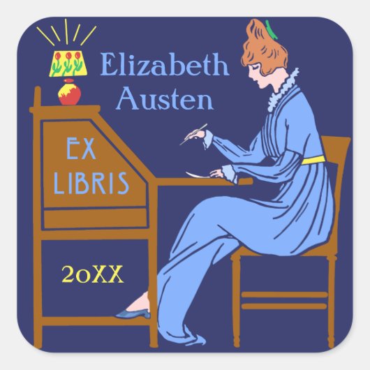 Ex Libris Bookplate Deco Lady Schrijven Bureau Cus Vierkante Sticker (Voorkant)