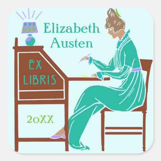 Ex Libris Bookplate Deco Lady Schrijven Bureau Cus Vierkante Sticker (Voorkant)