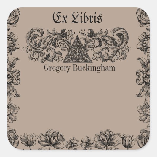 Ex Libris Flourish Line Art Bookplate Vierkante Sticker (Voorkant)