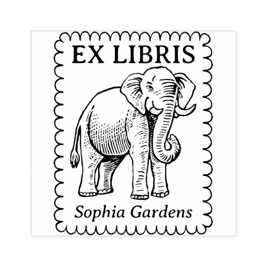 Ex Libris - Indische olifant - Scalloped Edge Rubberstempel (Afrduk)