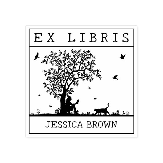 Ex Libris lezen met een kat in natuur, Boek Rubberstempel (Afrduk)