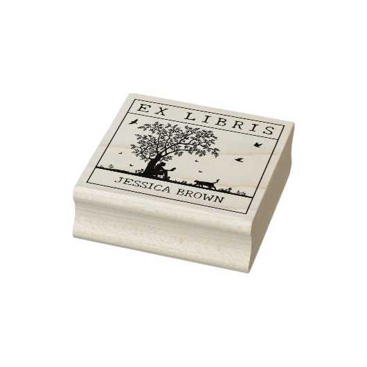 Ex Libris lezen met een kat in natuur, Boek Rubberstempel (Stempel)