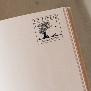 Ex Libris lezen met een kat in natuur, Boek Rubberstempel