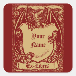 Ex Libris middeleeuwse draak met schild Sjabloon Vierkante Sticker