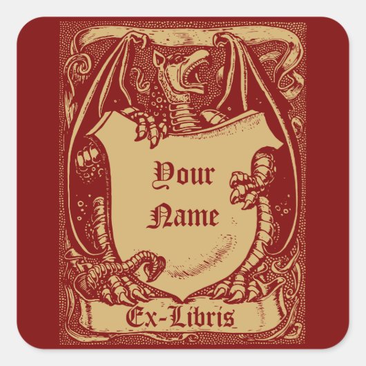 Ex Libris middeleeuwse draak met schild Sjabloon Vierkante Sticker (Voorkant)