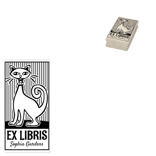 Ex Libris - Retro Cat v2 Rubberstempel (Gestempeld)