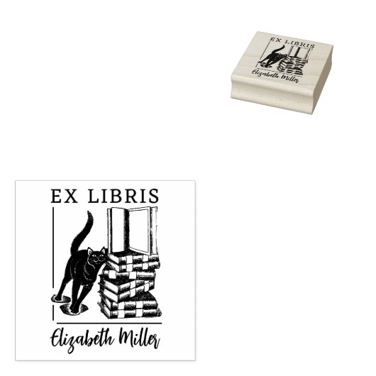 Ex libris, schattig kattenboek rubberstempel (Gestempeld)
