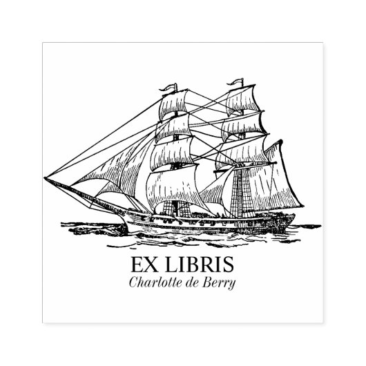 Ex Libris - Zeilend schip (Brig) Rubberstempel (Afrduk)