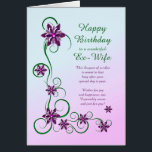 Ex Wife Birthday met Scrolls en Flowers<br><div class="desc">Een elegante en mooie verjaardagskaart. Een perfecte kaart voor je ex-vrouw. Paars bloemen en glitterijrollen maken een speciale verjaardagskaart.</div>