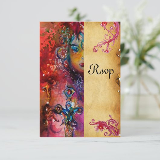 EXCALIBUR, helder rood, blauw perkament rsvp (Staand voorkant)