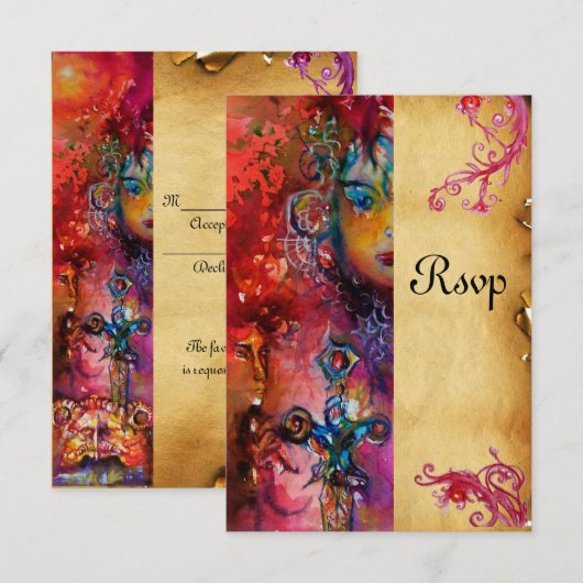 EXCALIBUR, helderrood,blauw perkament rsvp Kaartje (Voorkant / Achterkant)