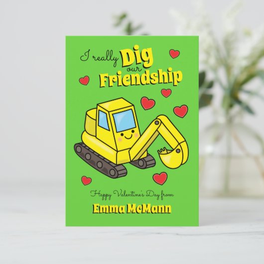 Excavator Construction Digger Classroom Valentijn Bedankkaart (Staand voorkant)