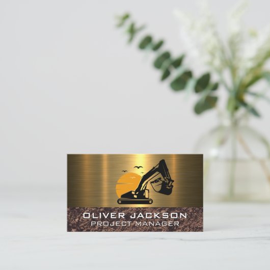 Excavator Construction Vehicle | Vuil | Metaal Visitekaartje (Staand voorkant)