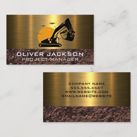 Excavator Construction Vehicle | Vuil | Metaal Visitekaartje (Voorkant / Achterkant)