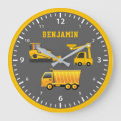 Excavator Dump Truck Construction Theme Kinder Roo Grote Klok (Voorkant)