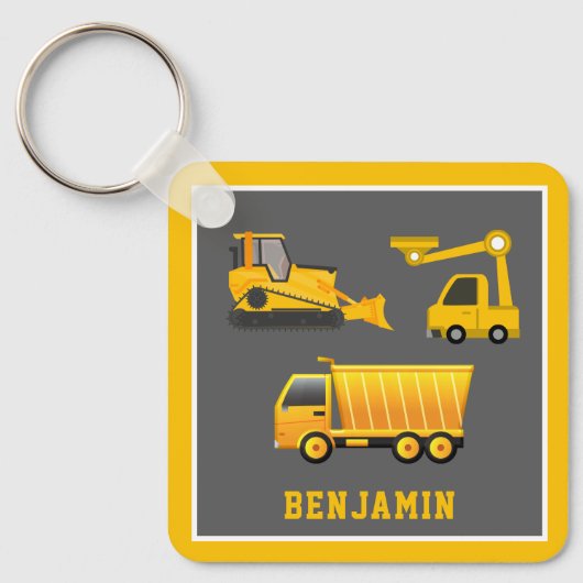 Excavator Dump Truck Construction Theme Kinder Roo Sleutelhanger (Voorkant)