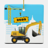 Excavator-Ornament voeg kerstnaam toe Keramisch Ornament (Achterkant)