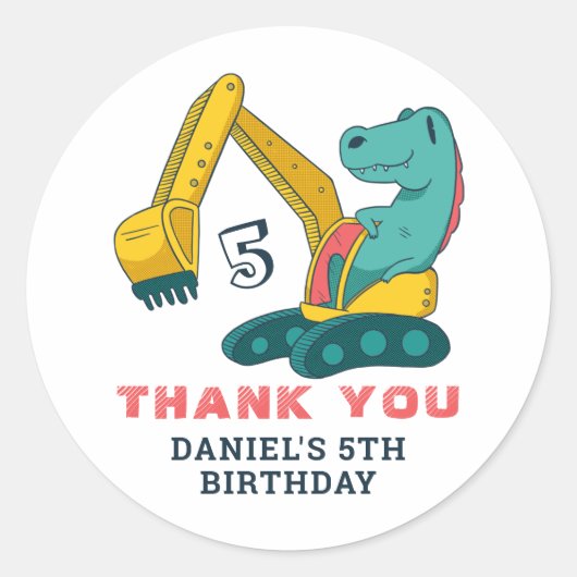 Excavator T-Rex Dinosaur Kinderen van Birthday Ronde Sticker (Voorkant)