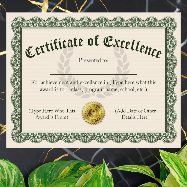 Excellentiecertificaat,  8,5 x 11 (customizable certificate of excellence)