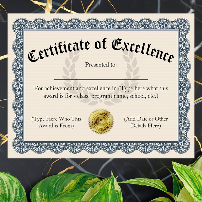 Excellentiecertificaat blauw  8.5x11 (certificate of excellence)