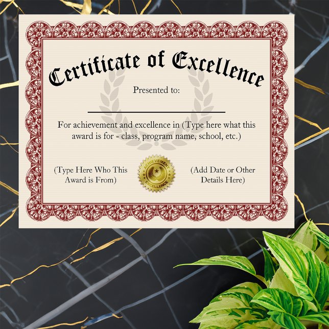 Excellentiecertificaat Red  8,5 x 11 (certificate of excellence)