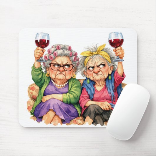 Excentrieke Oude Dames met Rode Wijn Muismat (Met muis)