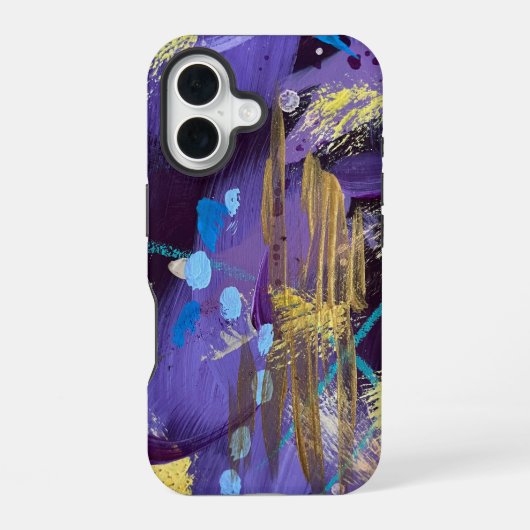 Exciting blue, purple, and gold abstract art iPhone 16 hoesje (Achterkant)