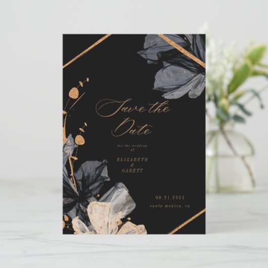 Exclusief Goud Zwart Bloemen Save The Date Kaart (Staand voorkant)