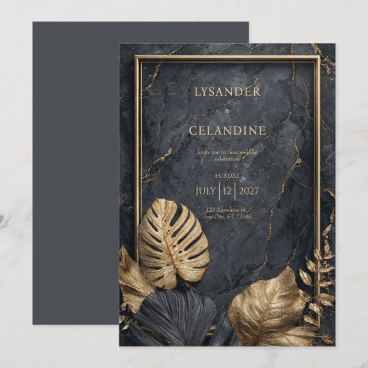Exclusieve Black Marble & Gold VIP-bruiloft Kaart (Voorkant / Achterkant)