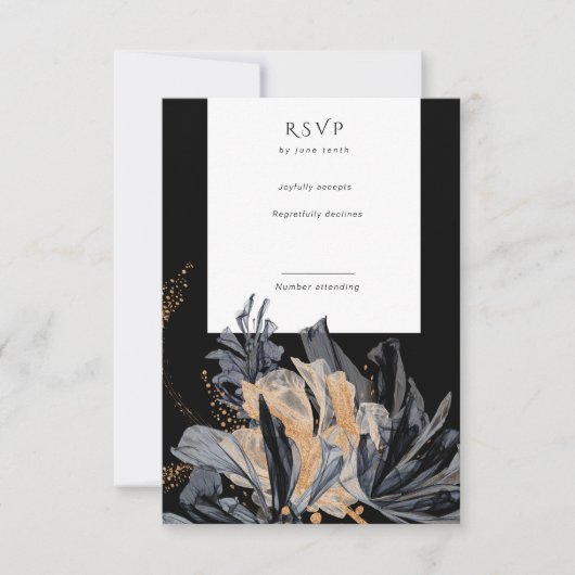 Exclusieve Gouden en Zwarte Bloemen Verticale RSVP (Voorkant)