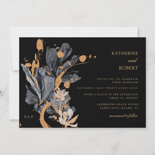 Exclusieve gouden en zwarte bloemenbruiloft uitnod kaart (Voorkant)